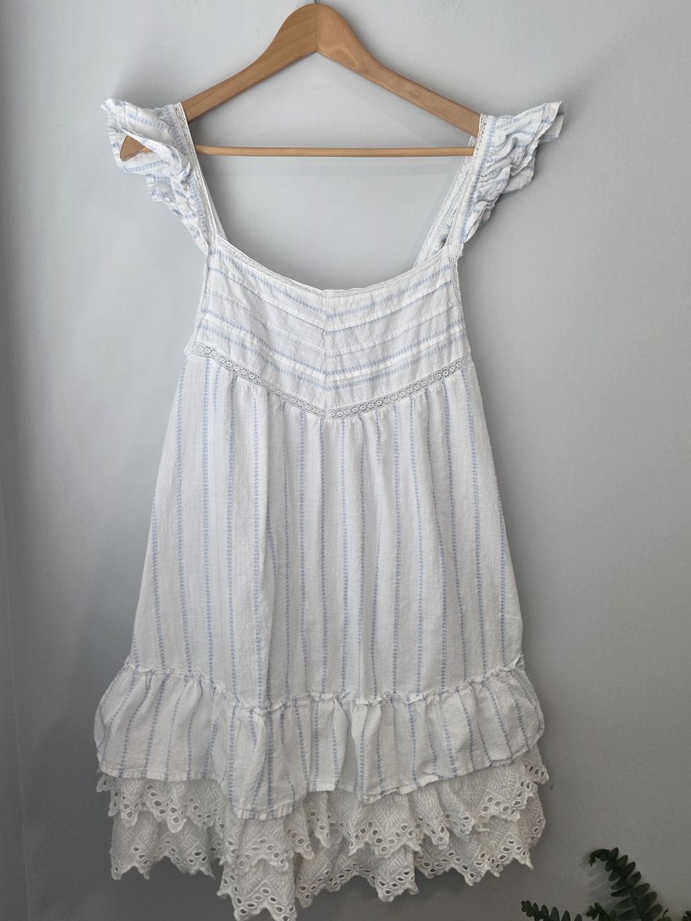 Shabby Chic White Blue Stripe Cotton Eyelet Lace Ruffle Dress Size L